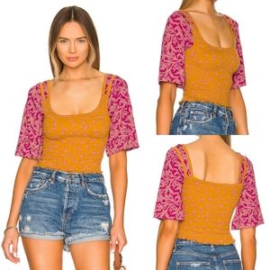 NWT Free people marigol square neck short sleeves floral print top golden boho